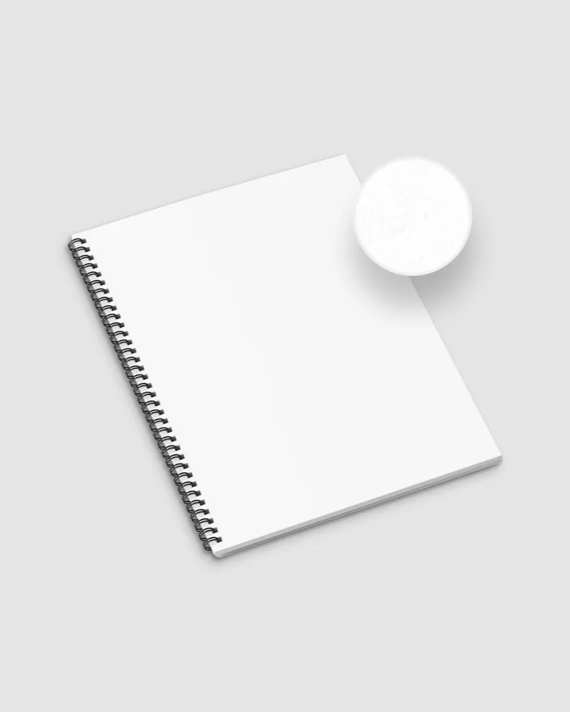 Open spiral-bound notebook on a light gray background. Custom Brochure