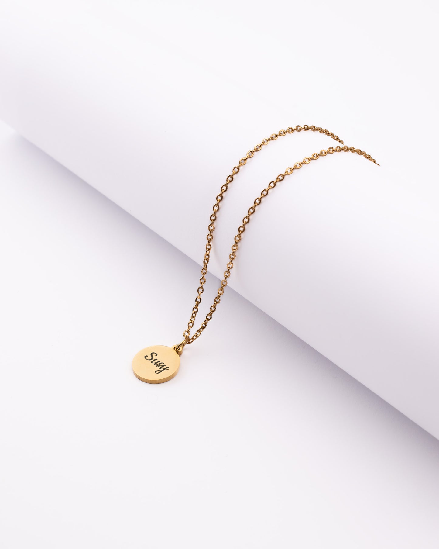 Golden Personalised and engraved Jewellery, stainless steel round necklace