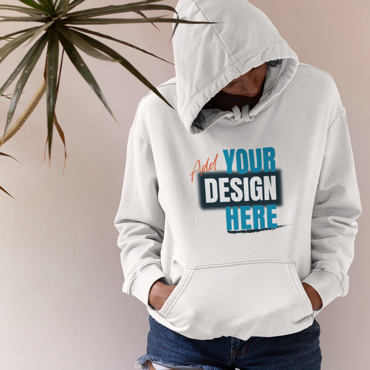 White hoodie with customizable text design on a neutral background