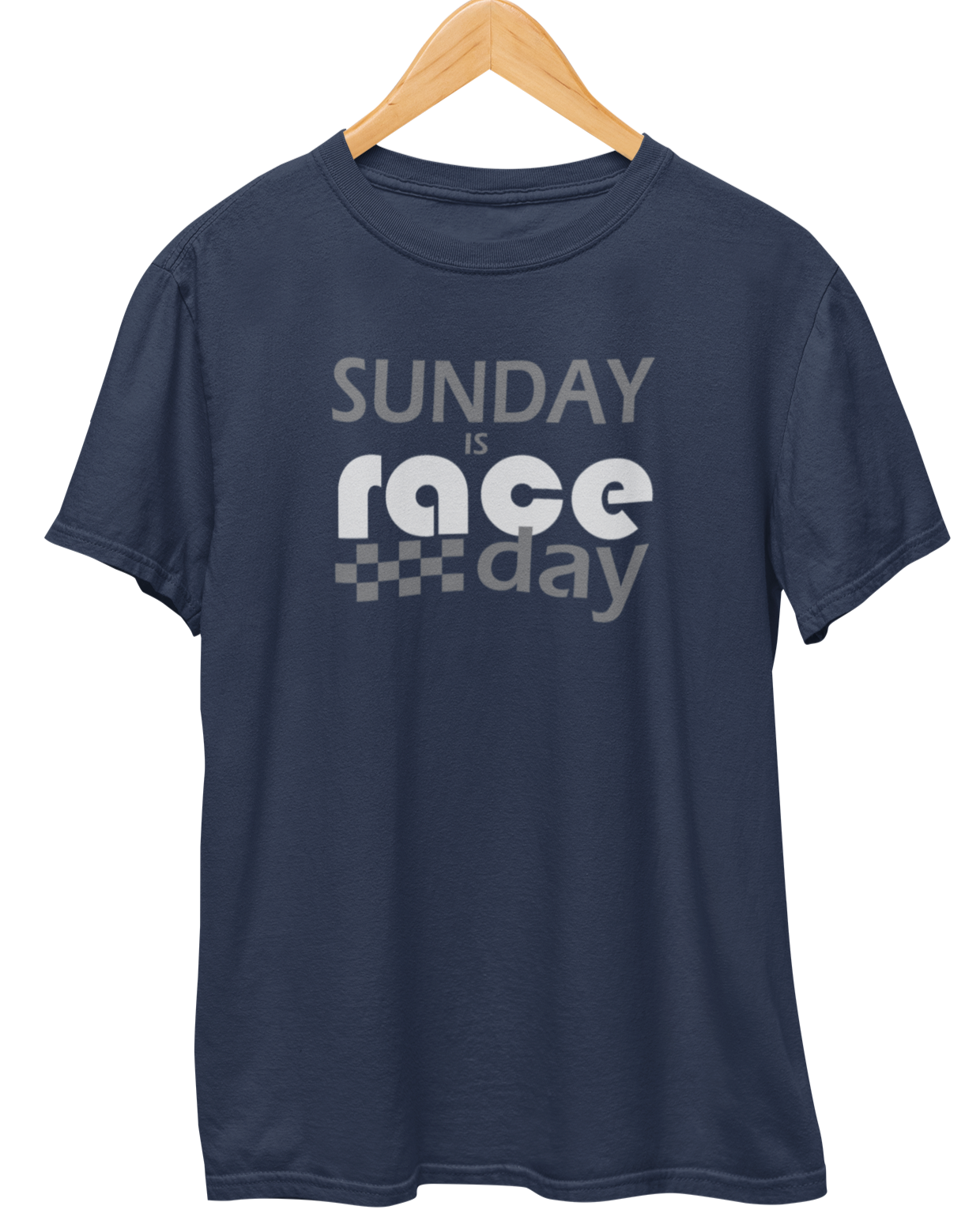 Navy blue t-shirt with 'SUNDAY IS RACE DAY' text on a wooden hanger against a white background