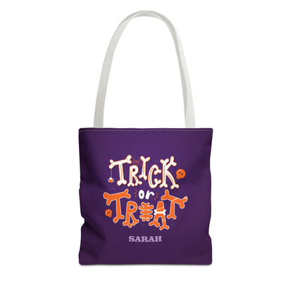 Kids Personalized Orange And White Trick or Treat Halloween AOP Tote Bag