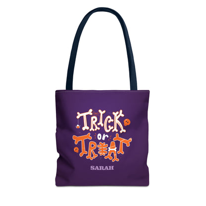 Kids Personalized Orange And White Trick or Treat Halloween AOP Tote Bag