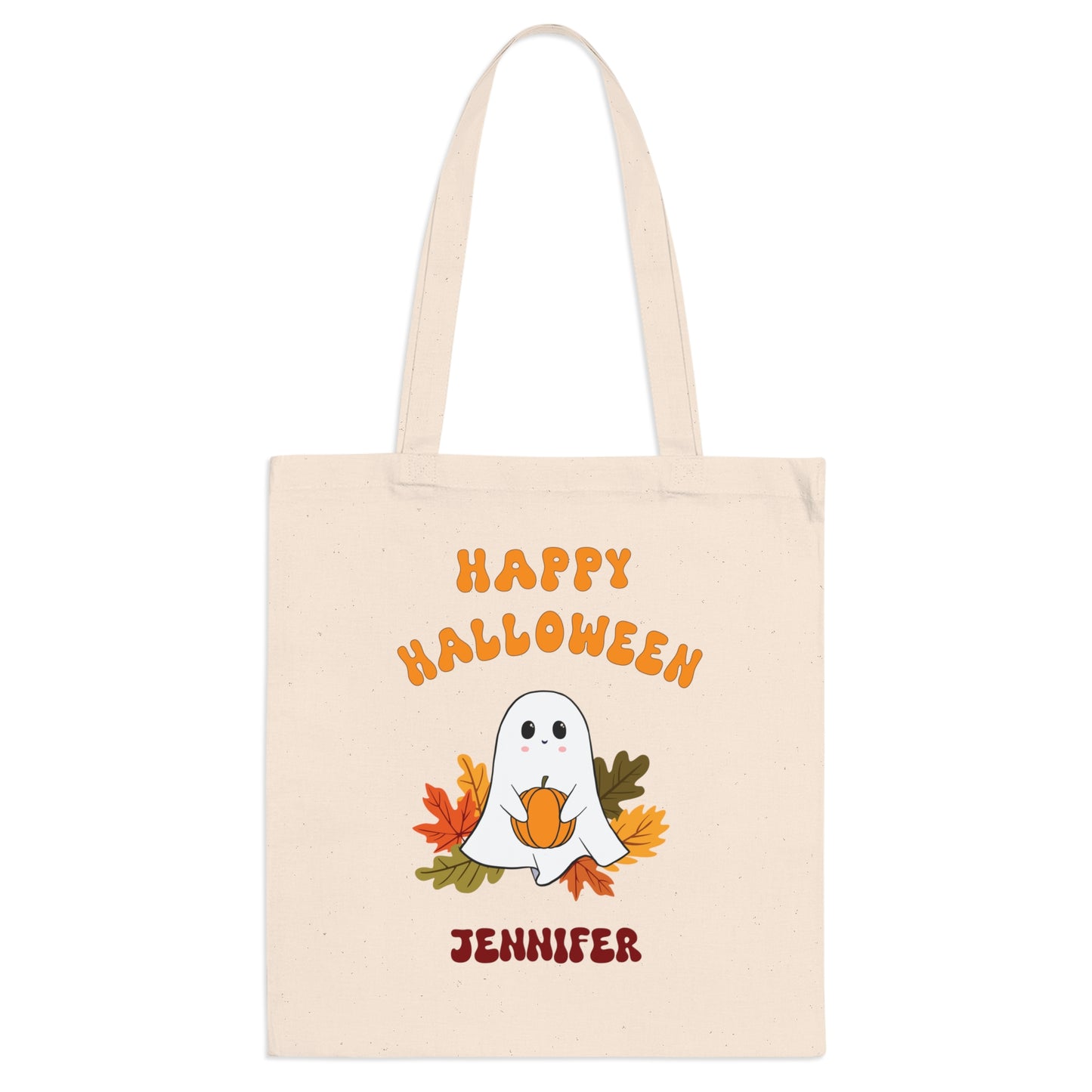 Kids Personalized Cute Ghost with Leaves Trick or Treat Halloween Tote Bag