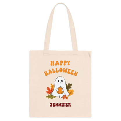 Kids Personalized Cute Ghost with Leaves Trick or Treat Halloween Tote Bag