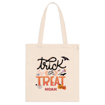 Kids Personalized Black And Orange Trick or Treat Halloween Tote Bag