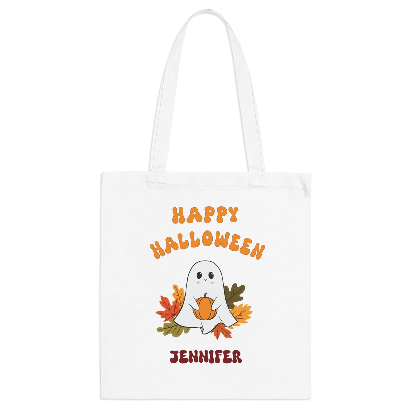 Kids Personalized Cute Ghost with Leaves Trick or Treat Halloween Tote Bag