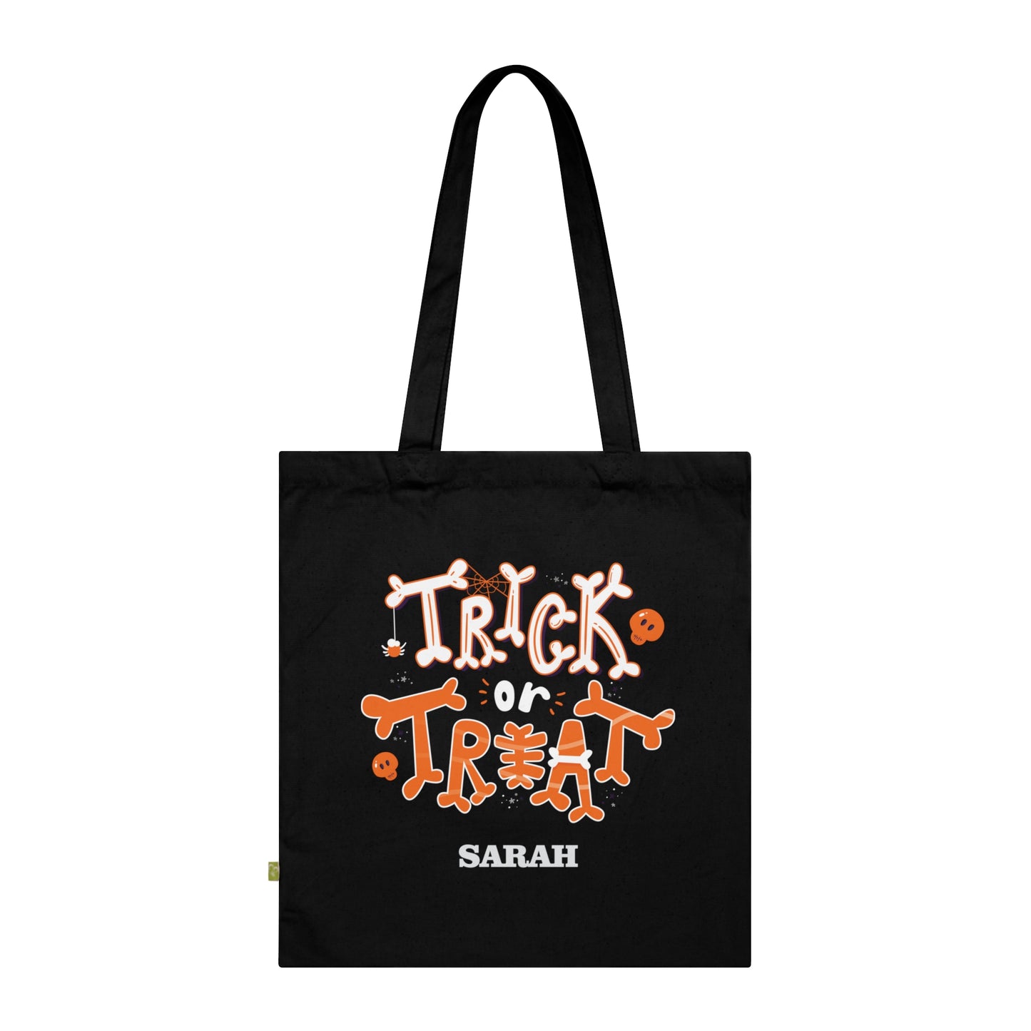 Kids Personalized Orange And White Trick or Treat Halloween Black Tote Bag