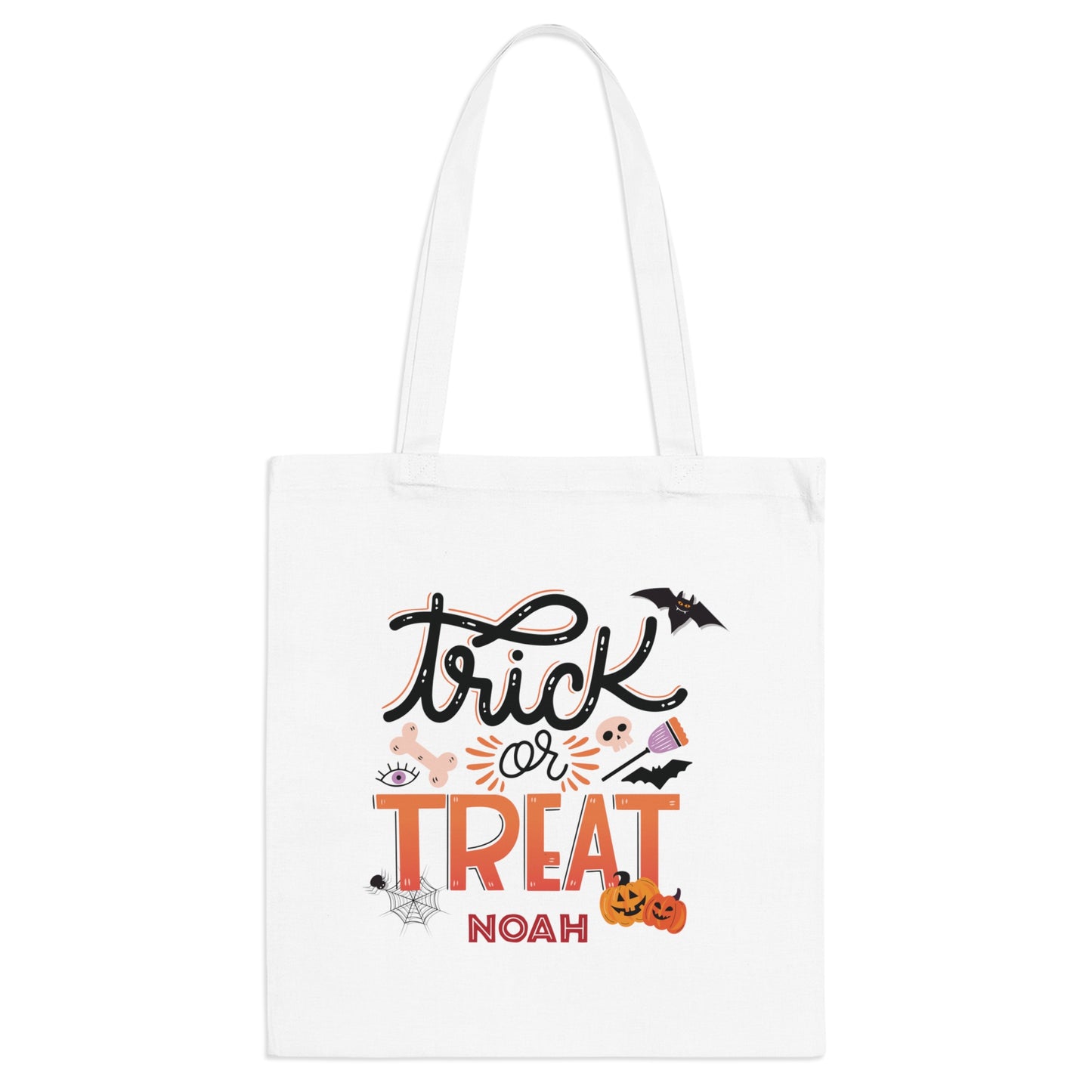 Kids Personalized Black And Orange Trick or Treat Halloween Tote Bag