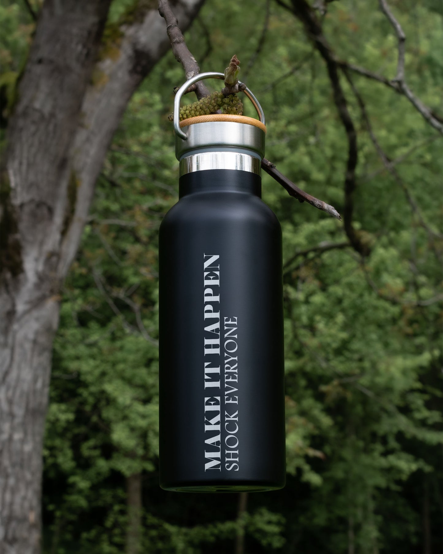 Black Stainless Steel Bamboo lid Bottle - Make it Happen