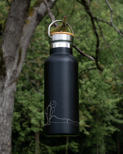 Black Stainless Steel Bamboo lid Bottle - Woman Yoga