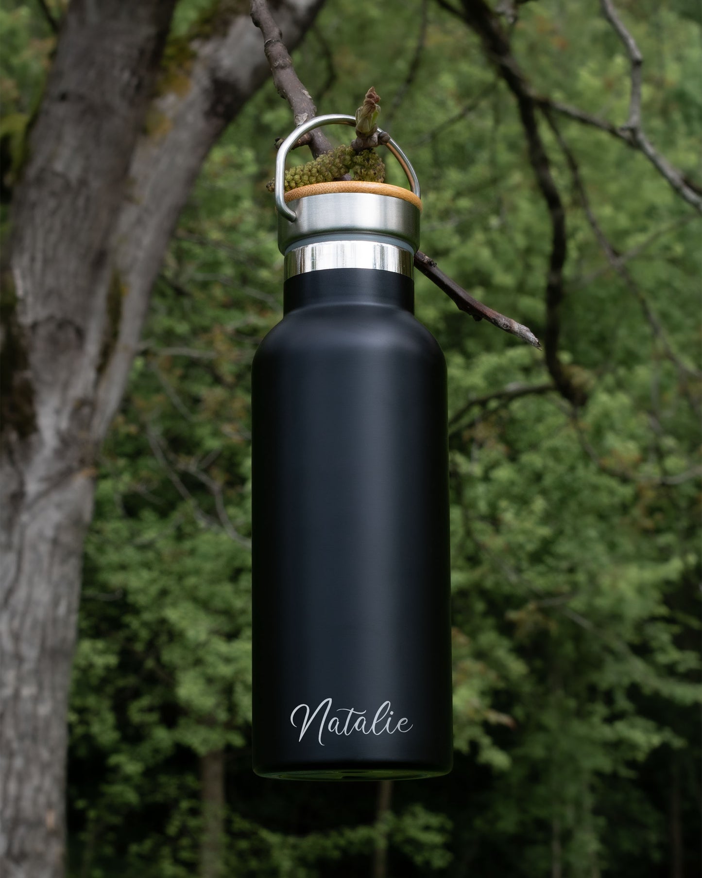 Black Stainless Steel Bamboo lid Bottle - Arnold