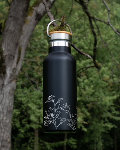 Black Stainless Steel Bamboo lid Bottle - Floral