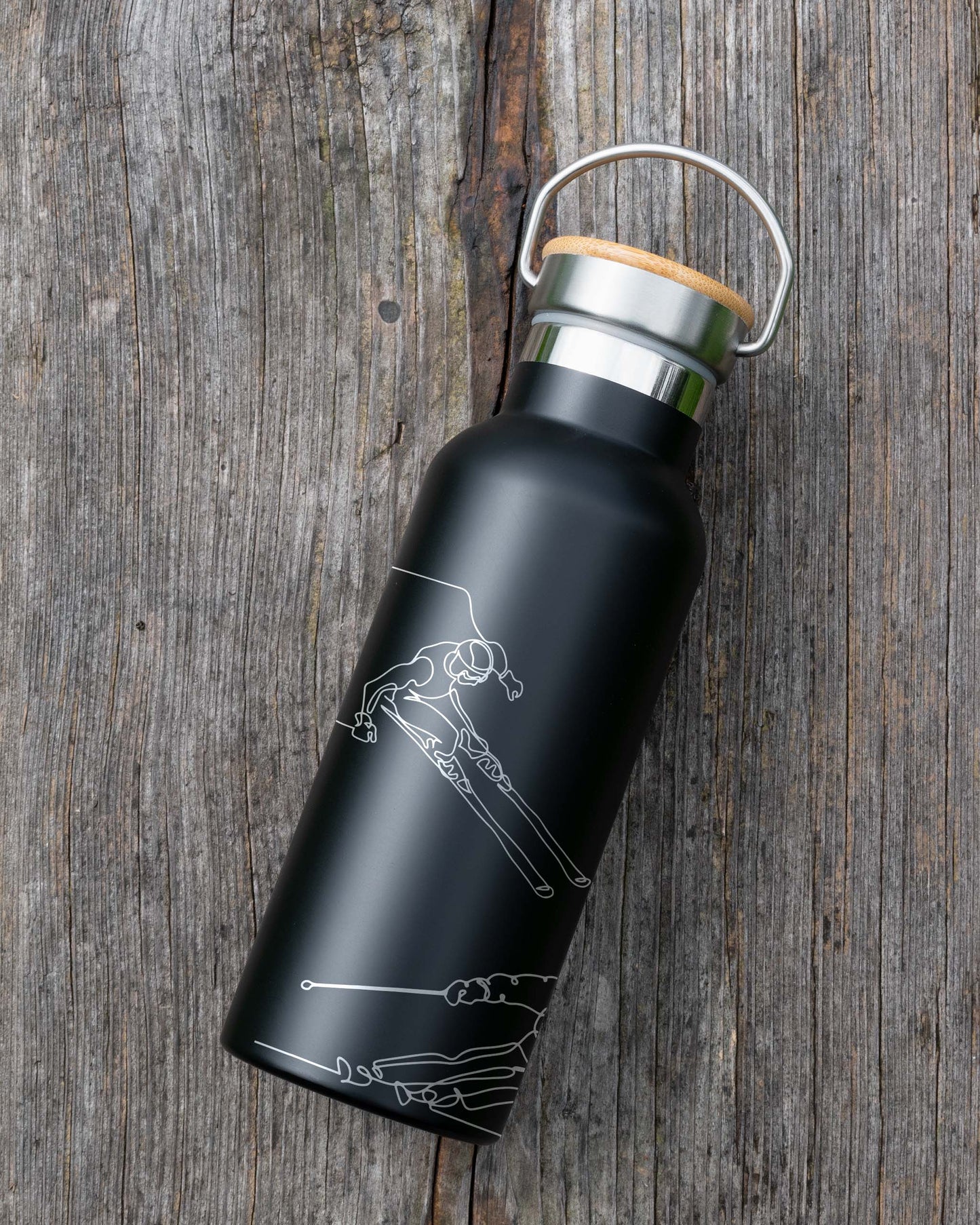 Black Stainless Steel Bamboo lid Bottle - Ski Athletes