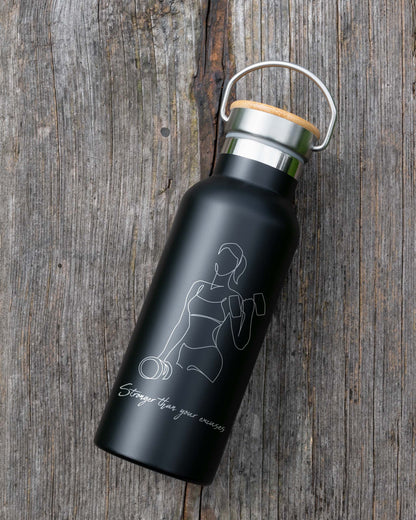 Black Stainless Steel Bamboo lid Bottle - Strong Women