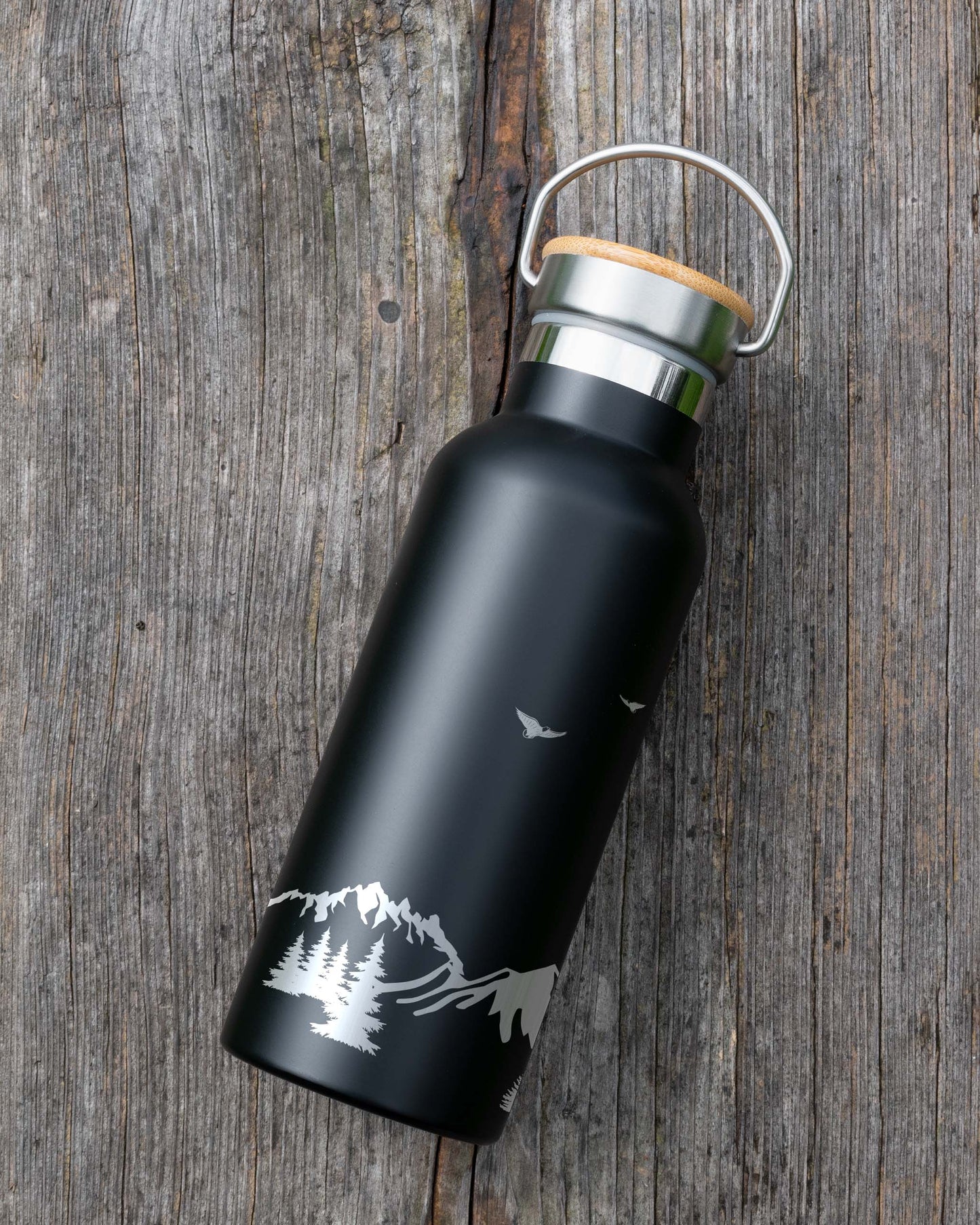 Black Stainless Steel Bamboo lid Bottle - Mountain Adventure