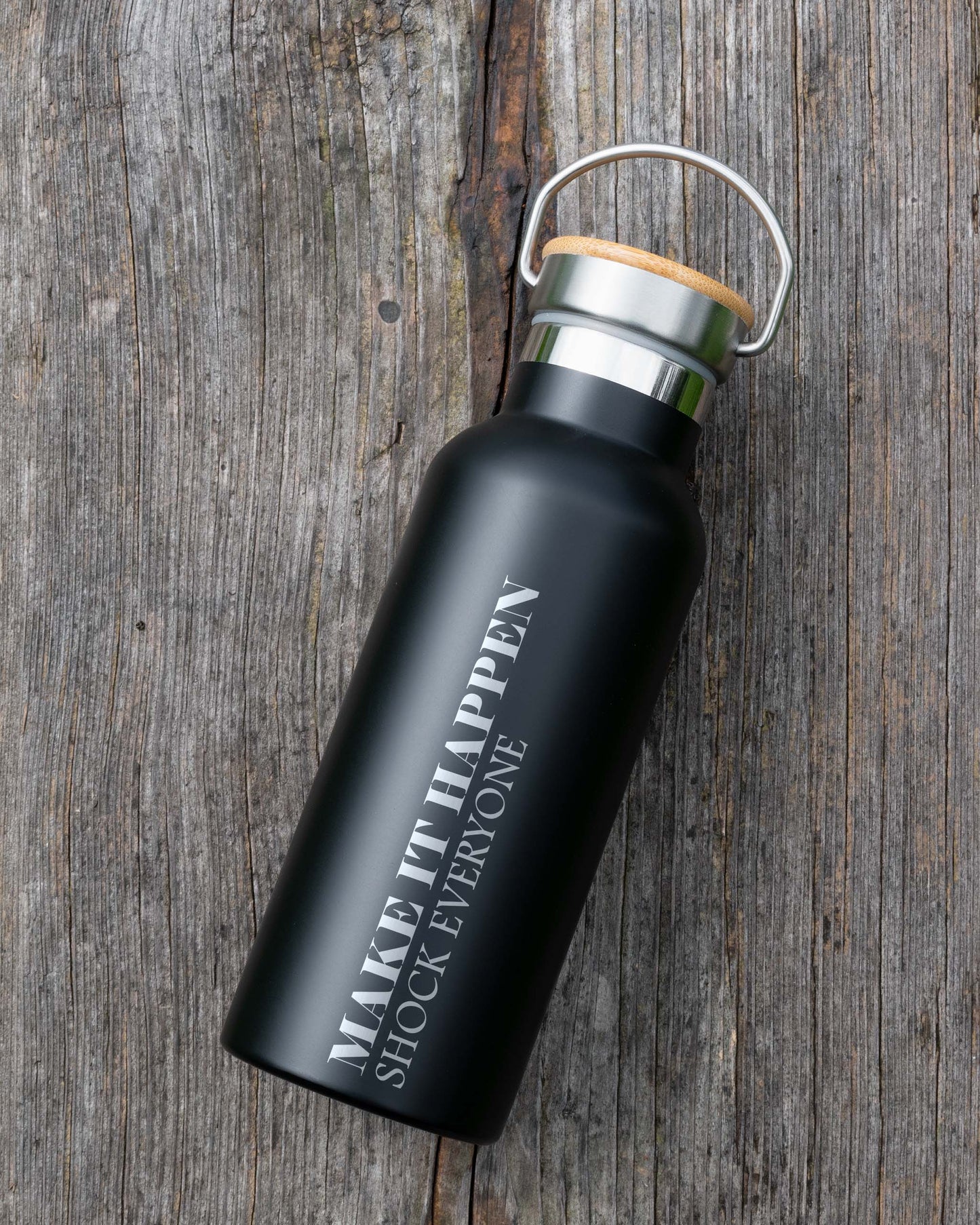 Black Stainless Steel Bamboo lid Bottle - Make it Happen