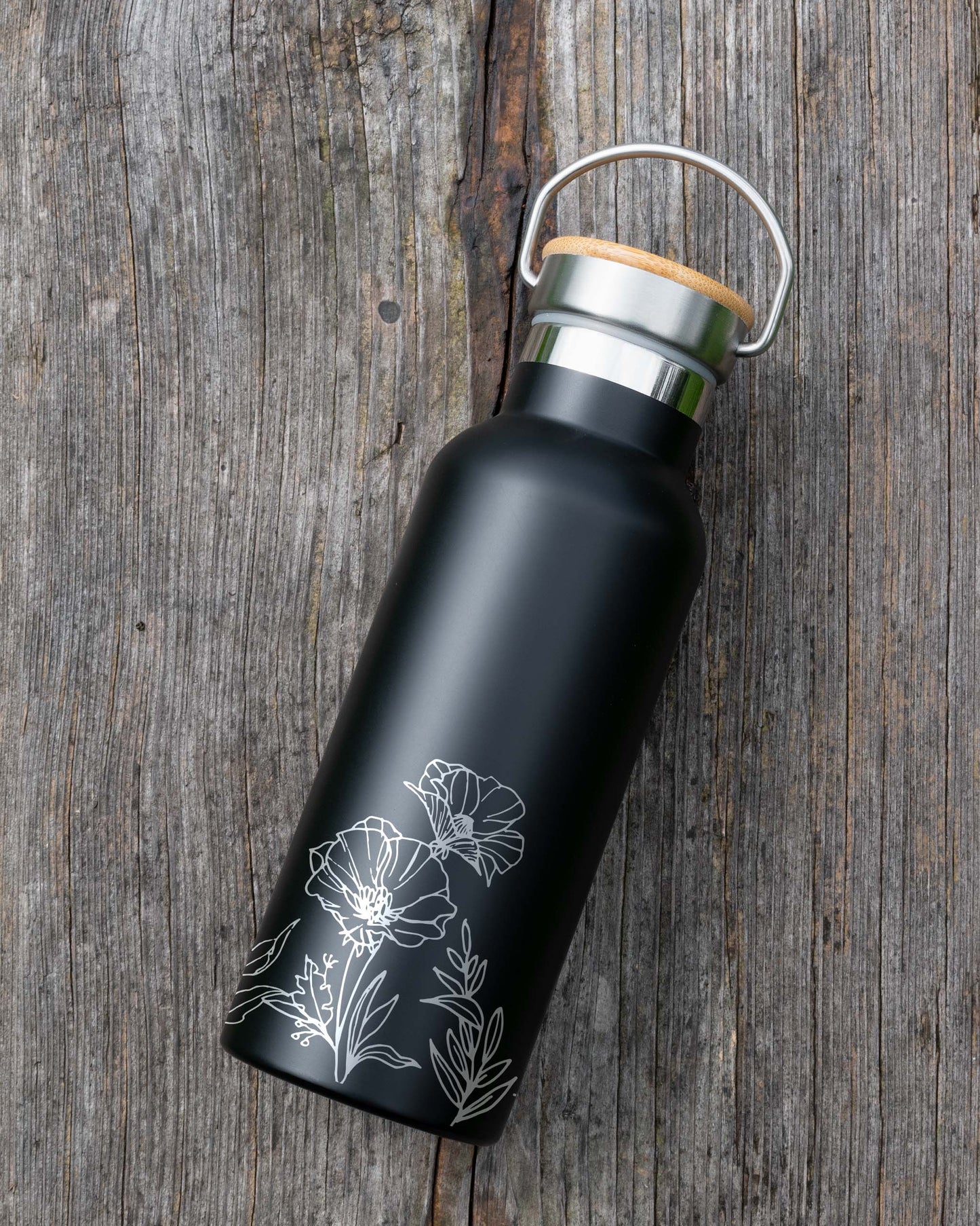 Black Stainless Steel Bamboo lid Bottle - Floral