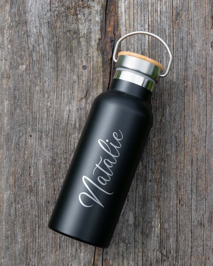 Black Stainless Steel Bamboo lid Bottle - Just Name