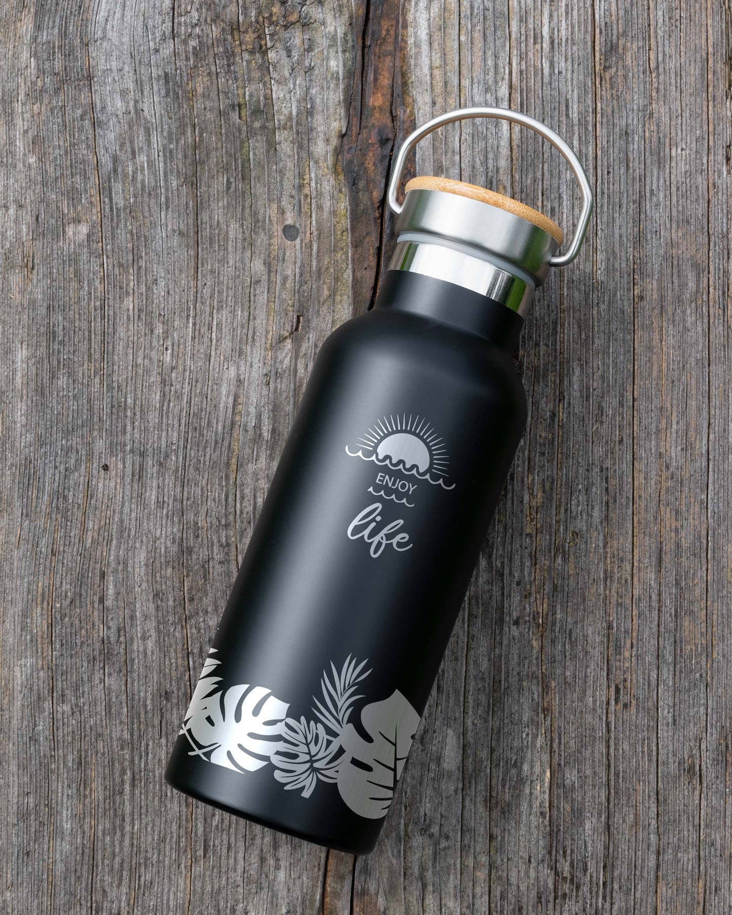 Black Stainless Steel Bamboo lid Bottle - Enjoy Life