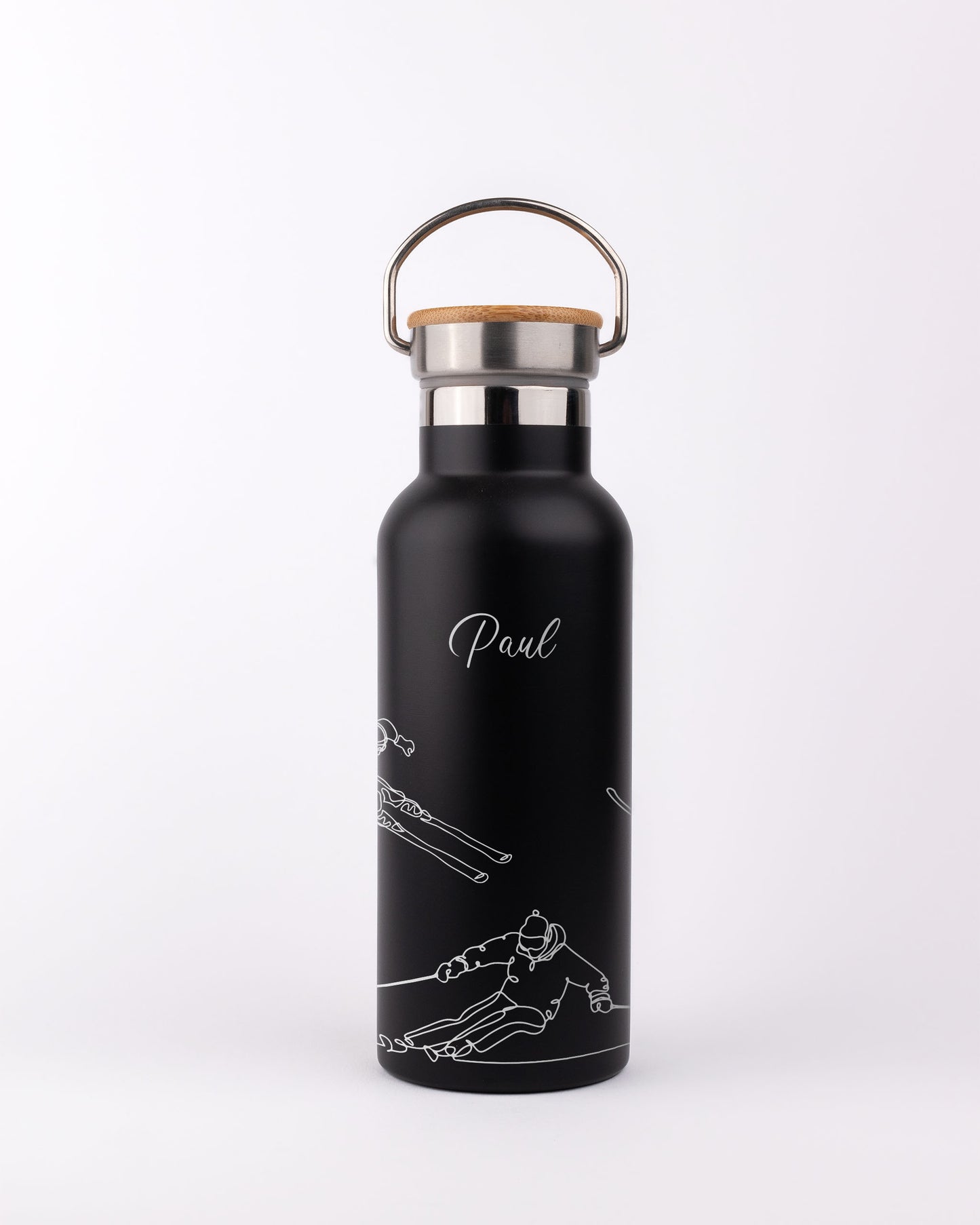 Black Stainless Steel Bamboo lid Bottle - Ski Athletes