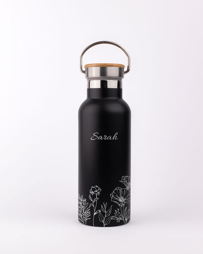 Black Stainless Steel Bamboo lid Bottle - Floral