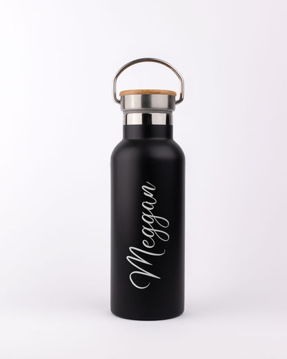 Black Stainless Steel Bamboo lid Bottle - Just Name