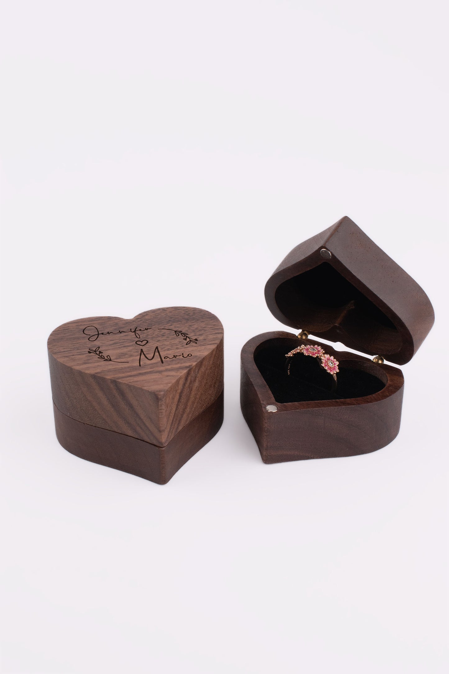 Wood Heart Jewelry Box - Two Names Leaves