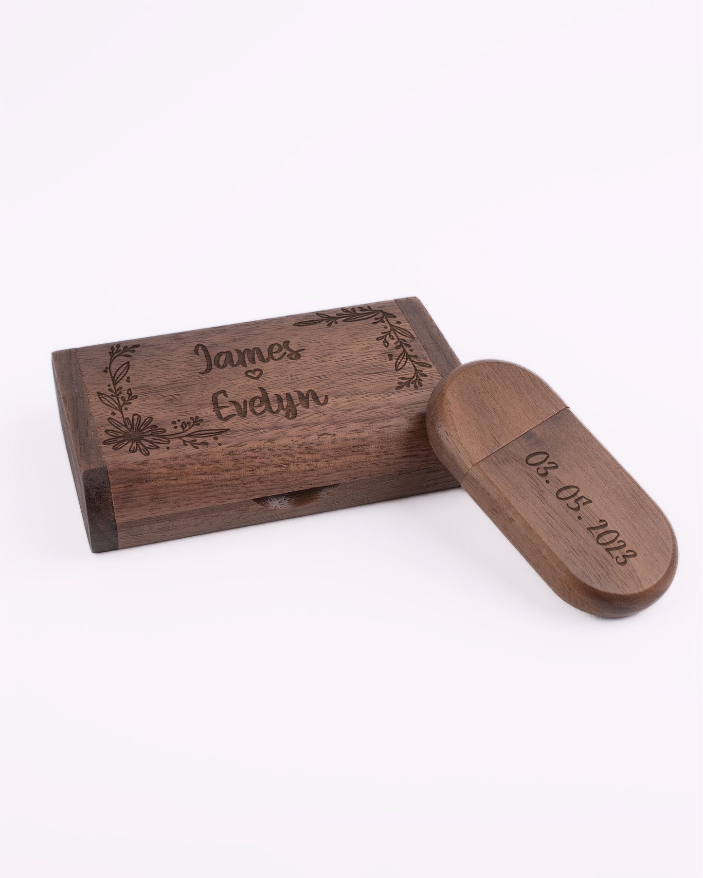 Dark Wood Box with USB Stick - Two Names Floral