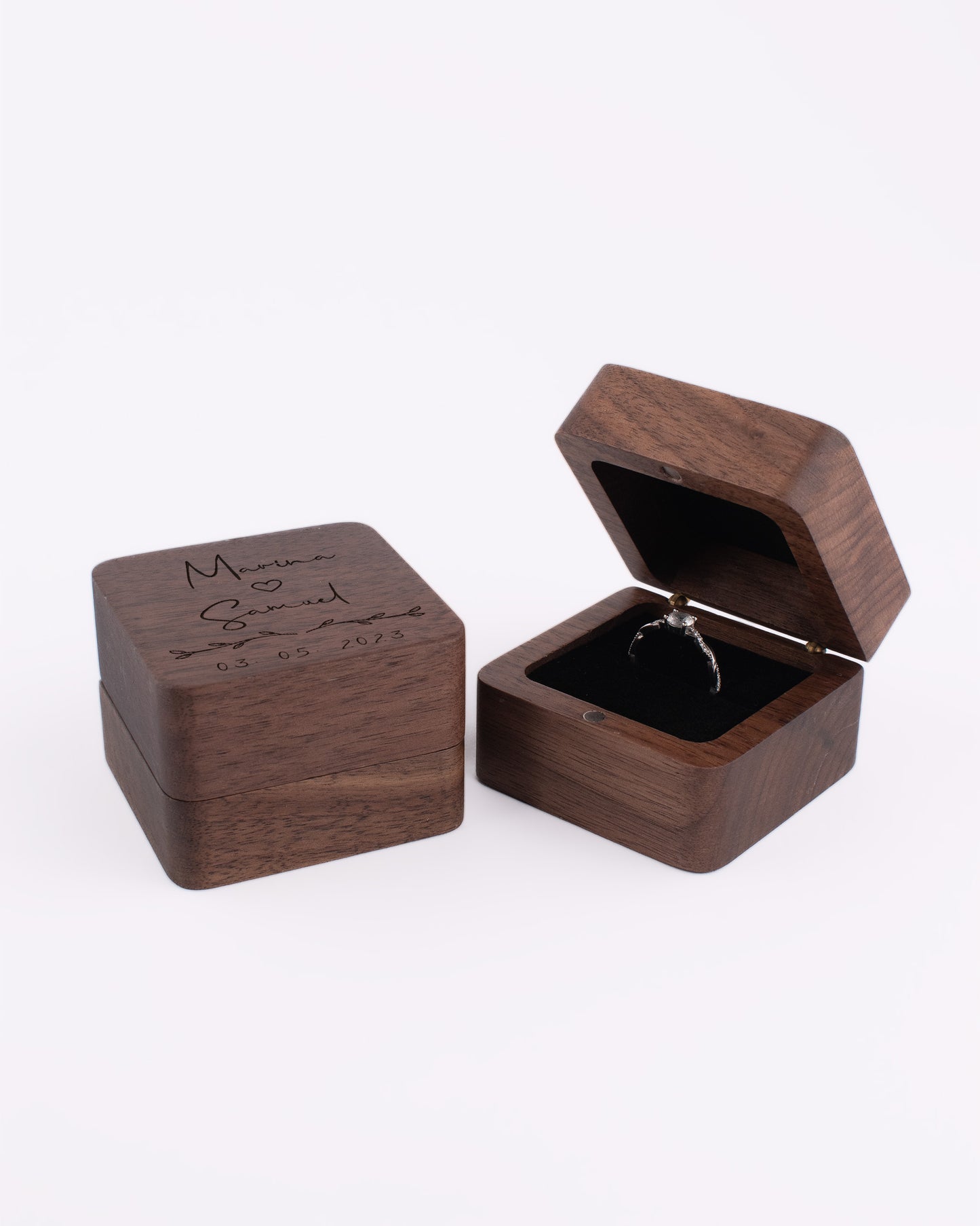 Wood Square Jewelry Box - Two Names Leaves