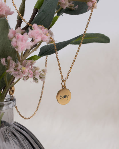 Golden Personalised and engraved Jewellery, stainless steel round  necklace