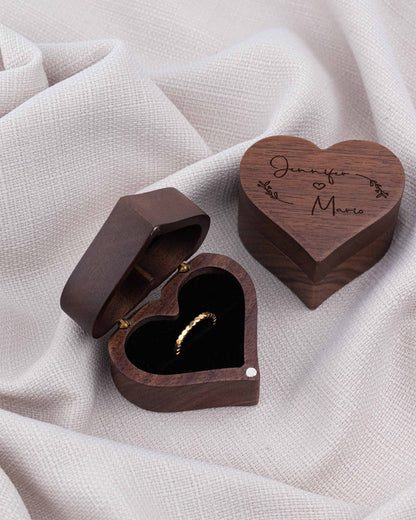 Wood Heart Jewelry Box - Two Names Leaves