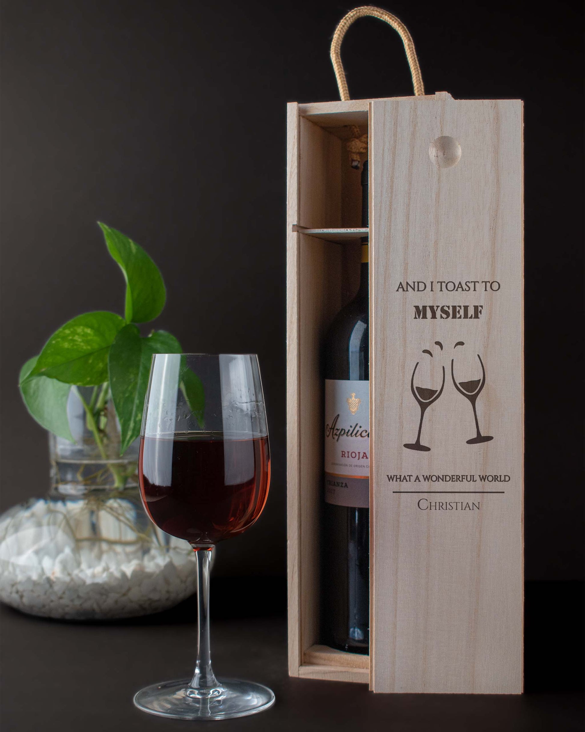 Engraved Wood Wine Box, Personalised Front with glass wine