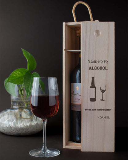 Engraved Wood Wine Box, Personalised Front with wine glass