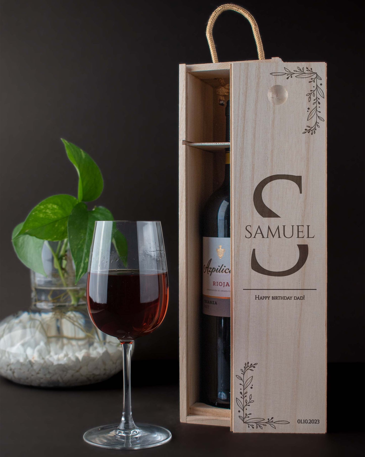 Engraved Wood Wine Box, Personalised Front with glass wine