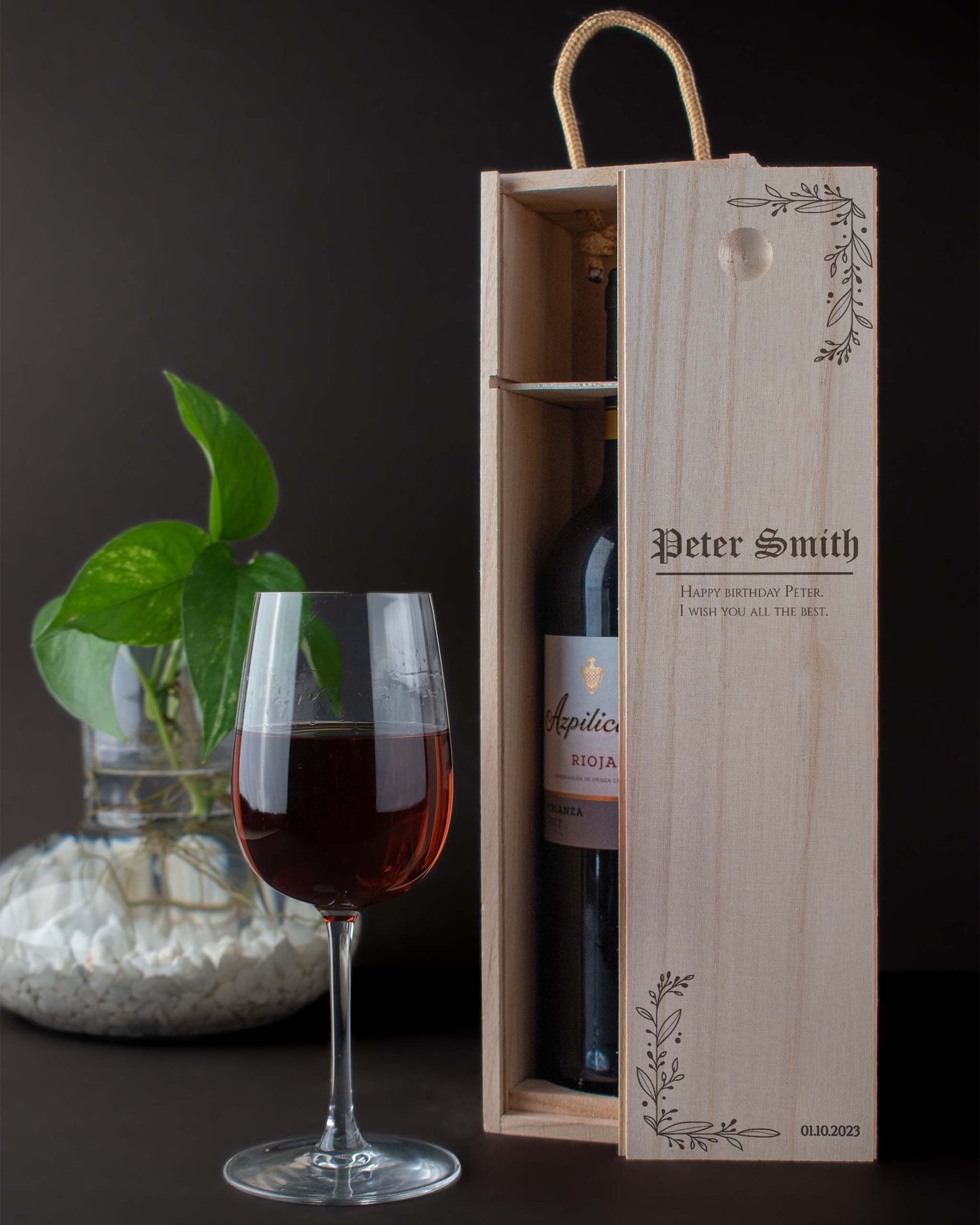 Engraved Wood Wine Box, Personalised Front with wine glass