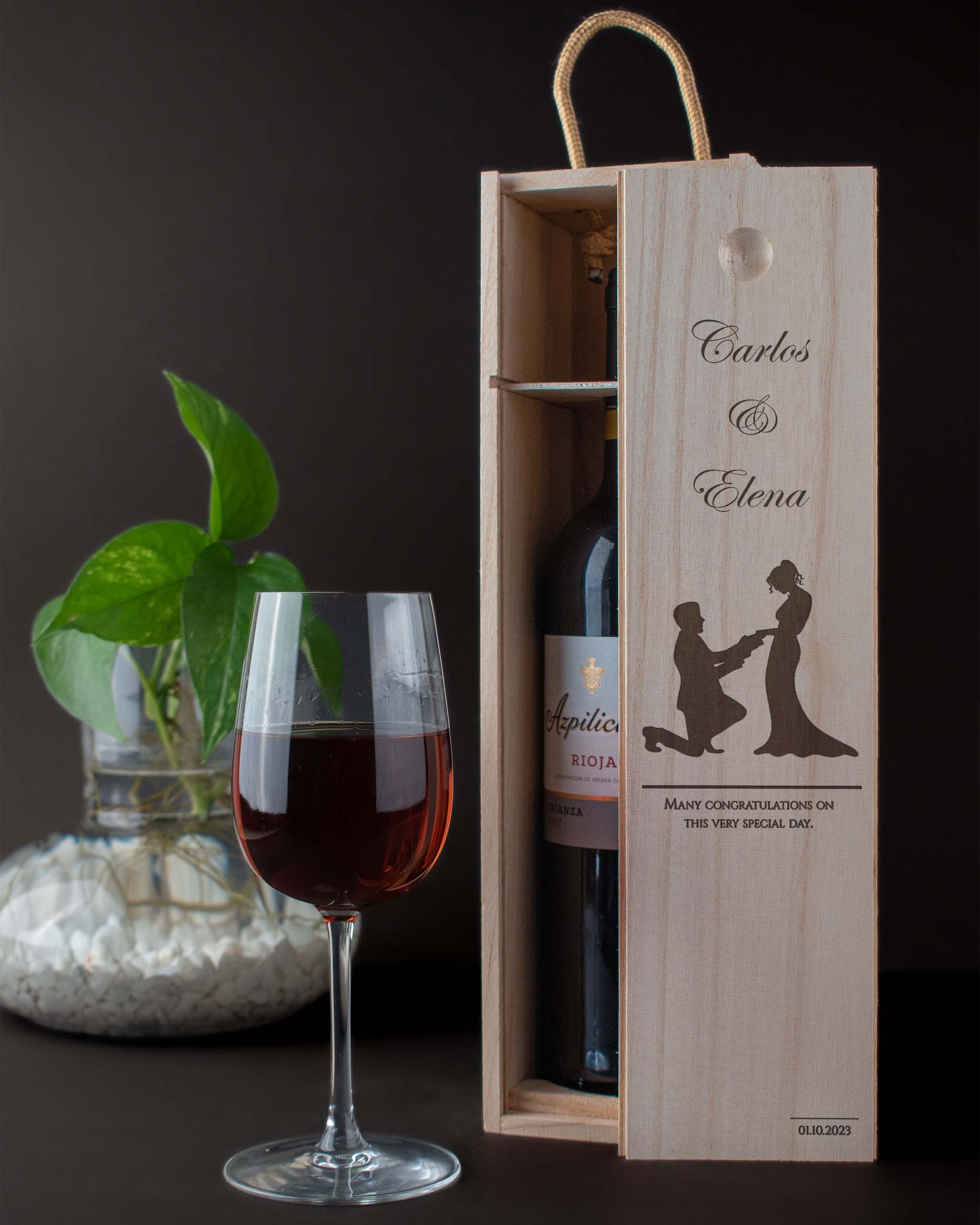 Engraved Wood Wine Box, Personalised Front with wine glass