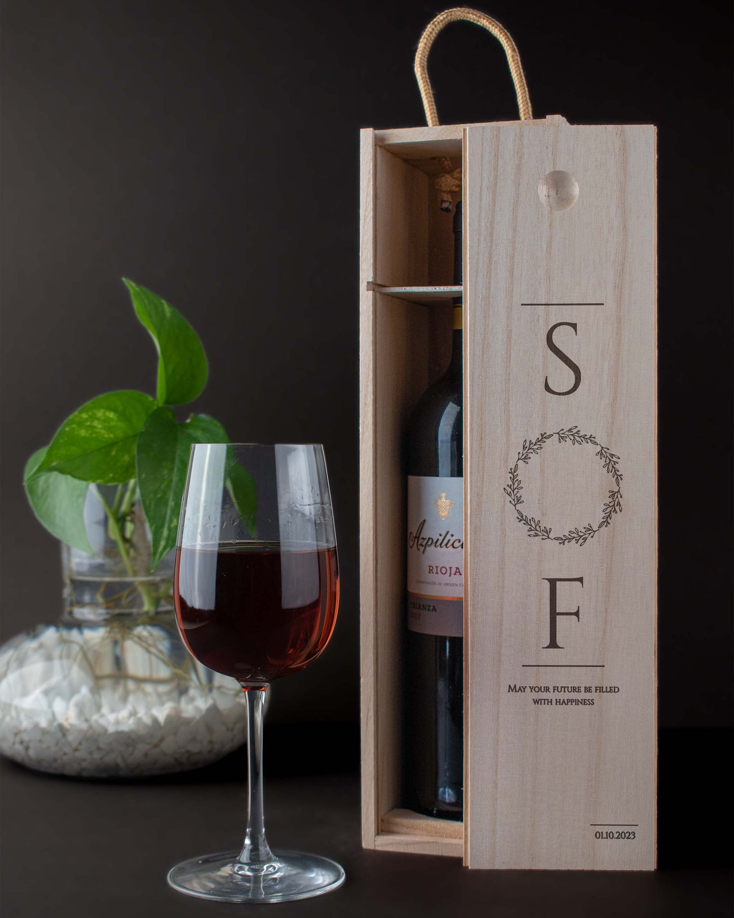 Engraved Wood Wine Box, With glass wine