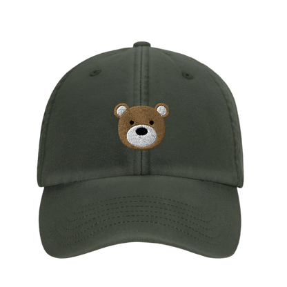 Green cap with a bear face embroidery on a white background