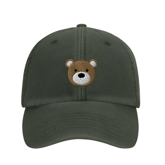 Green cap with a bear face embroidery on a white background