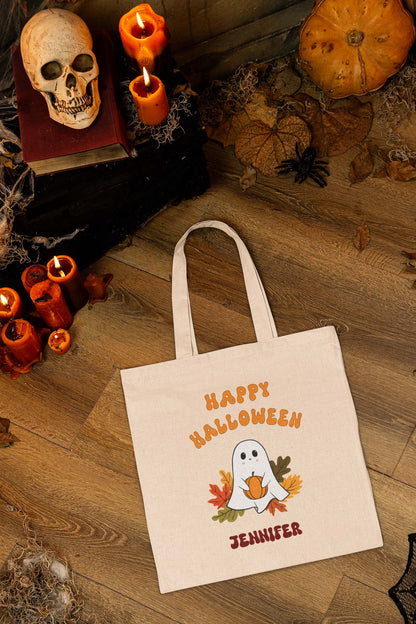 Kids Personalized Cute Ghost with Leaves Trick or Treat Halloween Tote Bag