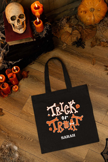 Kids Personalized Orange And White Trick or Treat Halloween Black Tote Bag