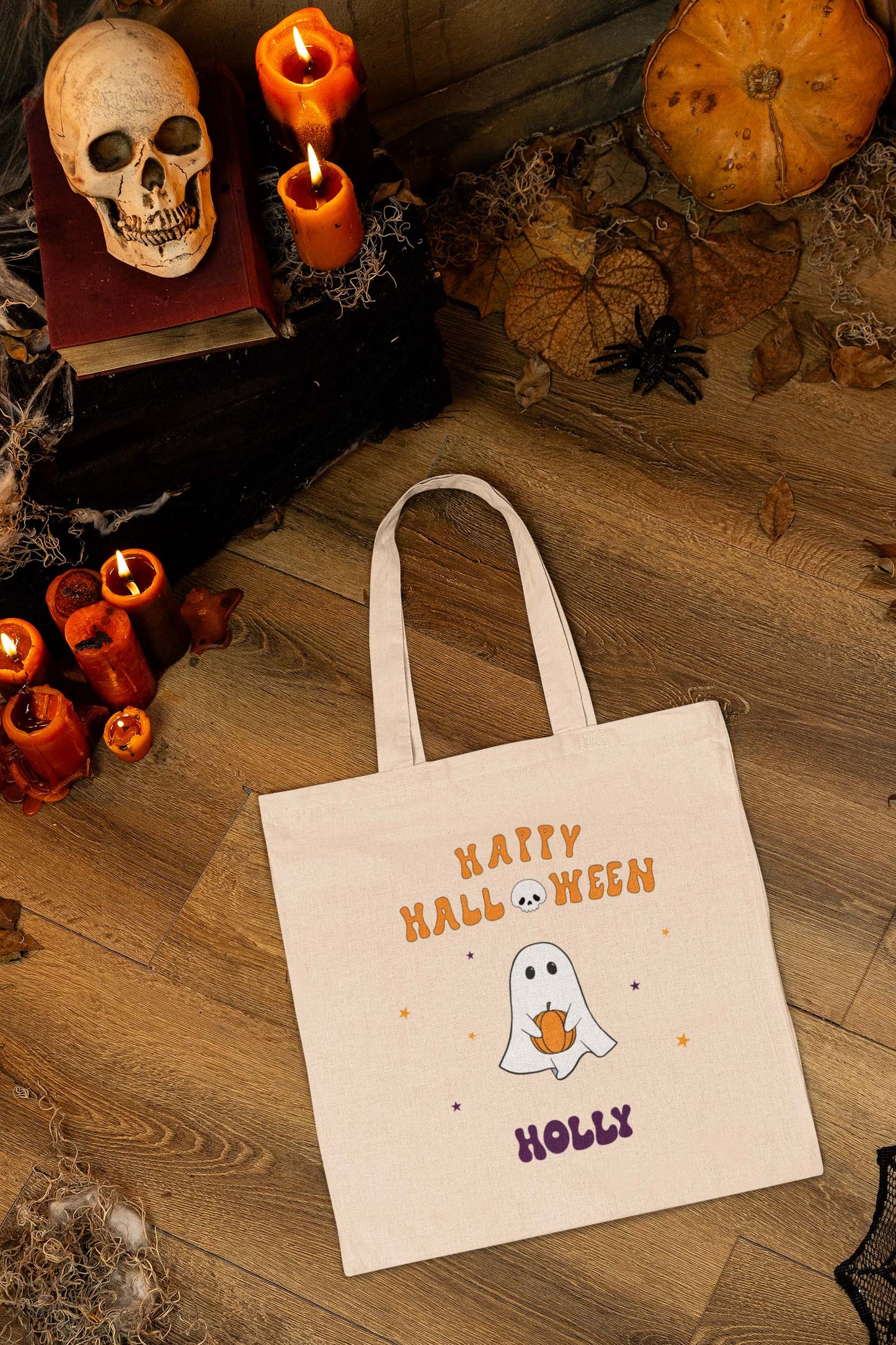 Kids Personalized Cute Ghost Trick or Treat Halloween Tote Bag