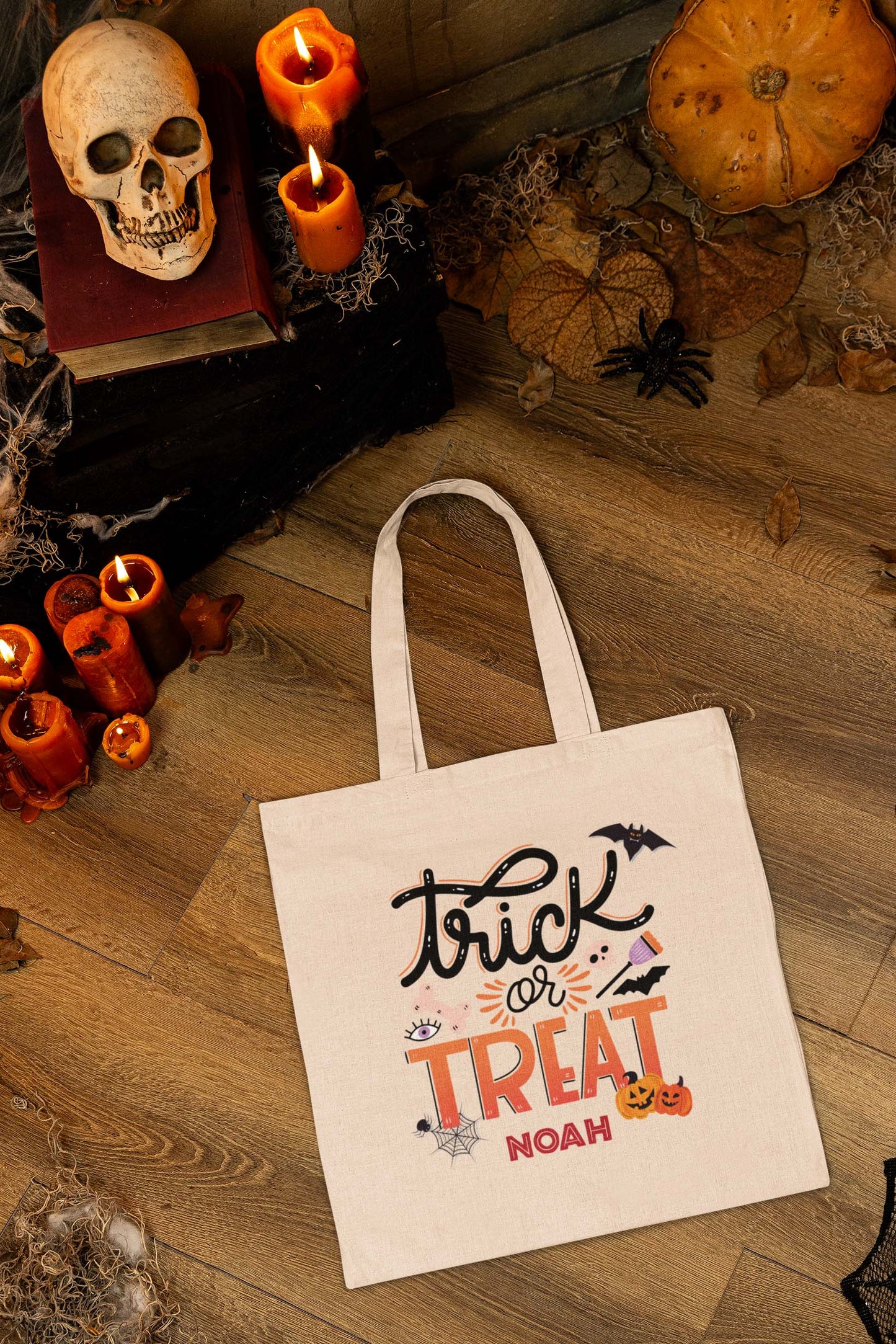 Kids Personalized Black And Orange Trick or Treat Halloween Tote Bag