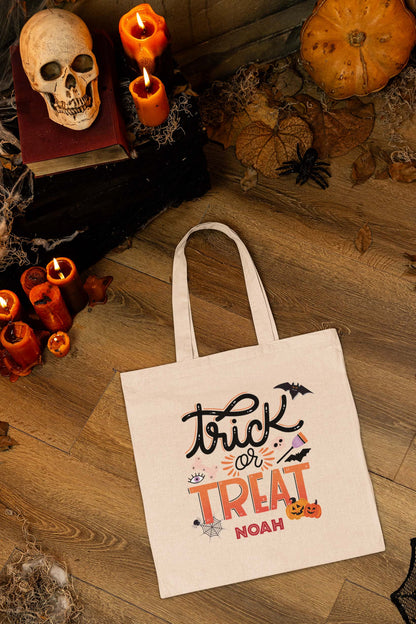 Kids Personalized Black And Orange Trick or Treat Halloween Tote Bag