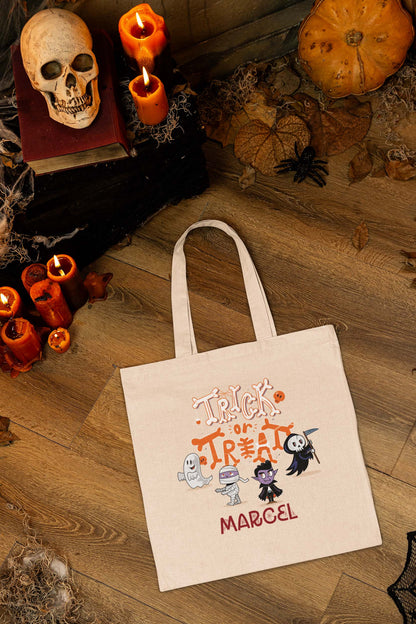 Kids Personalized Spooky Halloween Figures Trick or Treat Tote Bag