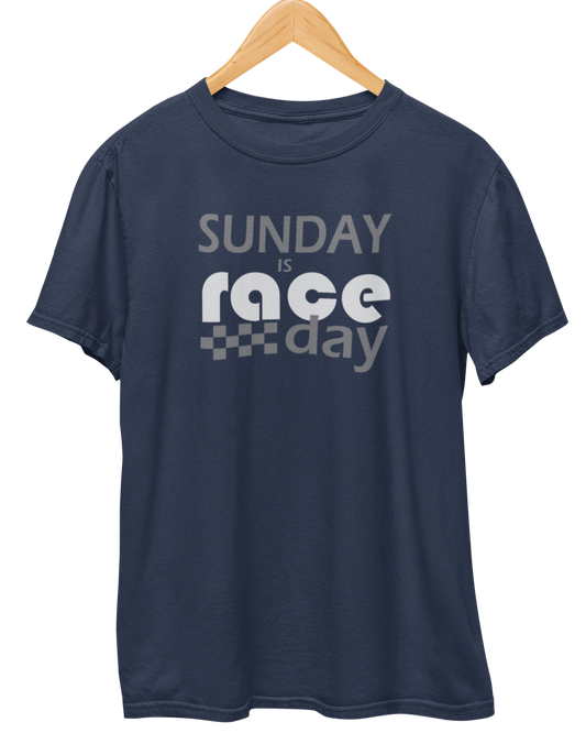 Navy blue t-shirt with 'SUNDAY IS RACE DAY' text on a wooden hanger against a white background