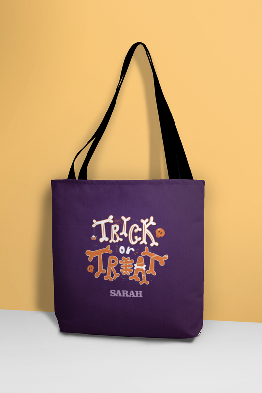 Kids Personalized Orange And White Trick or Treat Halloween AOP Tote Bag