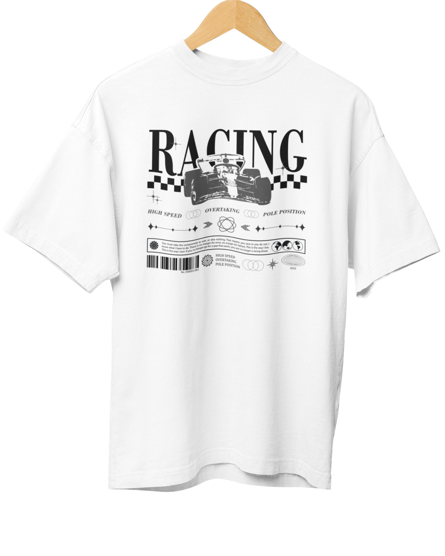 White t-shirt with racing graphic on a hanger against a white background, f1 racing design