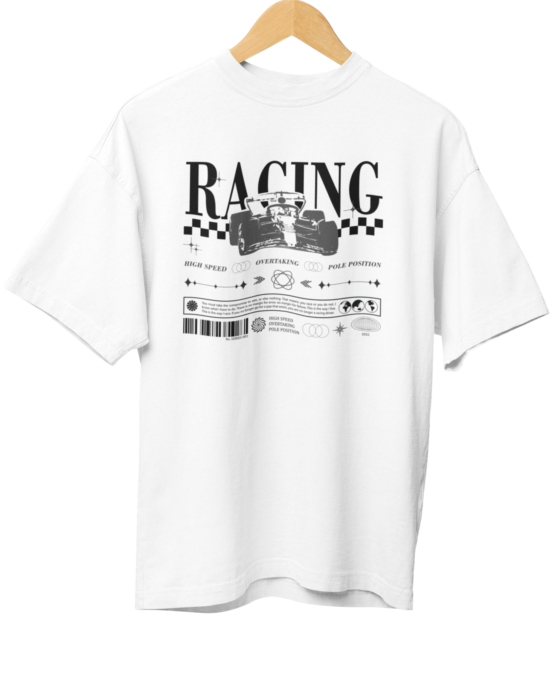 White t-shirt with racing graphic on a hanger against a white background, f1 racing design