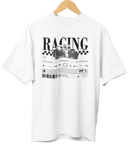 White t-shirt with racing graphic on a hanger against a white background, f1 racing design